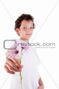 cute boy offering flowers