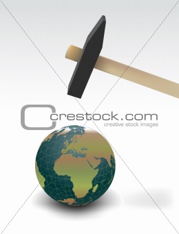 Hammer threatening planet earth isolated. Vector