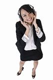 Happy smiling business woman listen music