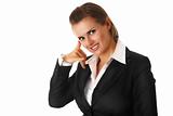 smiling modern business woman showing phone me gesture