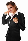 smiling modern business woman showing contact me gesture