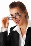 excited modern business woman with glasses