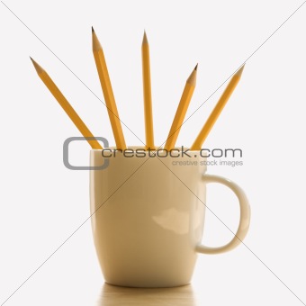 Pencils in coffee cup.