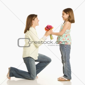 Girl giving mother flowers.