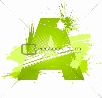 Green abstract paint splashes font. Letter A
