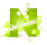 Green abstract paint splashes font. Letter N