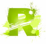 Green abstract paint splashes font. Letter R