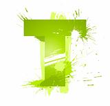 Green abstract paint splashes font. Letter T