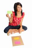 woman with index card