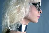 blonde fashion futuristic silver glasses girl  gray background