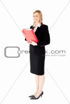 Smiling businesswoman holding a red folder