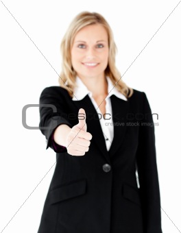 Positive caucasian businesswoman with thumb up