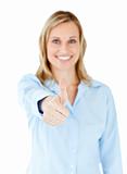 Positive caucasian businesswoman with thumb up