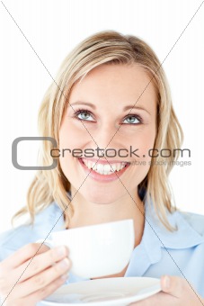 Cheerful businesswoman holding a cup of coffee