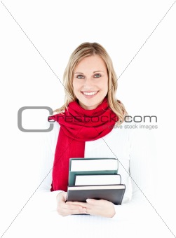 Portrait of a beautful woman with a red scarf holding books and 