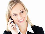 Portrait of a radiant businesswoman talking on phone