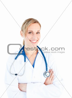Pretty female doctor with folded arms
