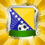 Shiny metal shield on bright background with flag of Bosnia and