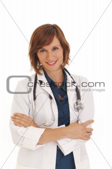 Portrait of young woman doctor with white coat