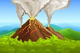 fuming volcano among green forest