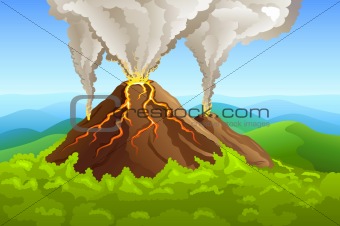 fuming volcano among green forest