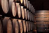 Old wine cellar full of wooden barrels