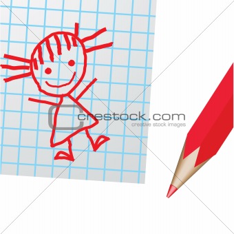 Drawing on a paper and a red pencill. Vector illustration