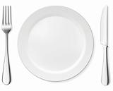 Dinner plate, knife and fork