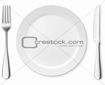 Dinner plate, knife and fork