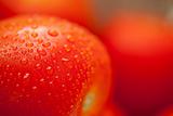 Macro of Fresh, Vibrant Roma Tomatoes with Water Drops Abstract.