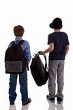 Back of schoolboy holding backpack