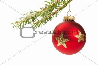 red christmas ball hanging on a branch