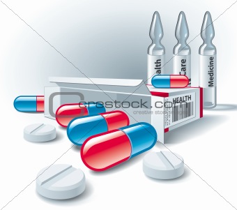 Pills, tablets, box and ampoules on white background. Vector Ill