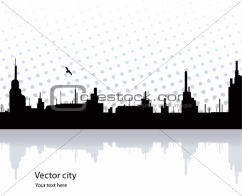 City reflected in the water with bird. Vector