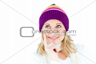 Pensive woman with a colorful hat