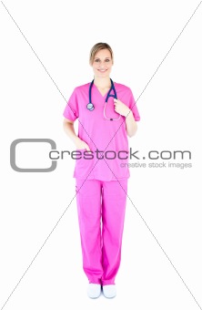 portrait of a beautiful female doctor with a pink costum