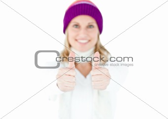 Animated woman with thumbs up and hat smiling at the camera
