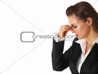 stressed modern business woman holding fingers at noseband
