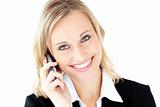 Friendly young businesswoman talking on phone 