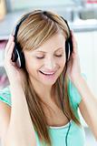 Animated caucasian woman listen to musik with headphones 