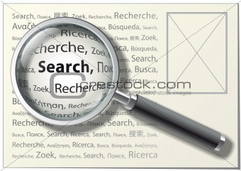 Magnifying Glass. "Search" word on different languages. Vector I