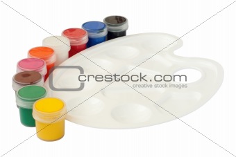 Plastic white palette with cans of paint