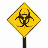 Yellow traffic sign with biohazard symbol.