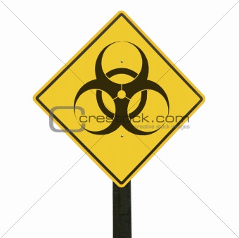 Yellow traffic sign with biohazard symbol.