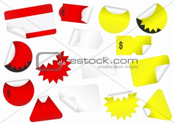 Vector set of blank retail tags with peeled edges.