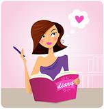 Young woman dreaming about big love and writing diary or journal