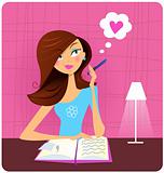 Teenage girl writing diary and dreaming about love