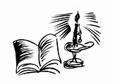 vector drawing candle with book on black background