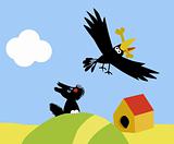 vector illustration of the small dog and crow
