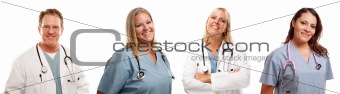 Set of Four Smiling Male and Female Doctors or Nurses Each Isolated on a White Background.